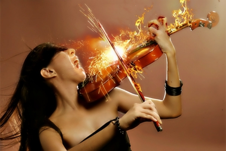 PASSION OF MUSIC - photos, violin, females, music, instrument, passion, beautiful women, fire, flames