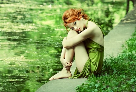 Green Beauty - water, beauty, green, red hair