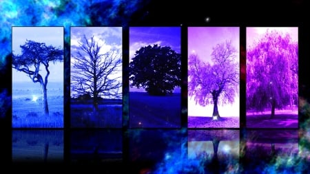 WALL OF TREES - collage, trees, forest, blue, wall, colorful, digital arts, surreal