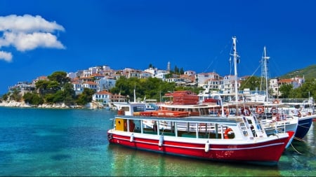 tour boats in an island town harbor - hill, town, boats, island, harbor