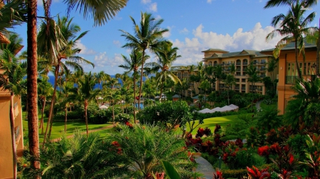 beautiful hawaiian hotel - flowers, hotel, trees, grass