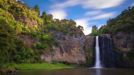 wonderful cliff waterfall - trees, cliff, waterfall, pool, grass