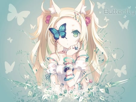 Butterflies - girl, anime, blue, bugs