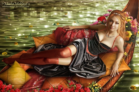 ~Dangeous Beauty~ - girls, women, photomanipulation, beauty, models, female, roses, people, hair, bouquet, stockings, dangeous, reflections, vehicles, gorgeous, pretty, cool, digital art, rivers, lady, boats, light, night, lovely, charm, cushions, weird things people wear, beautiful, colors, flowers, dress