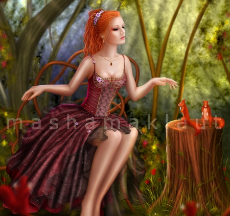 ~Good Audience~ - girls, models, audience, people, animals, hair, cool, digital art, grass, garden, lady, good, charm, weird things people wear, beautiful, squirrels, drawings, dress, women, redhead, trees, female, fantasy, gorgeous, pretty, paintings, cute, jewelry, necklaces, lovely, plants, colors, flowers