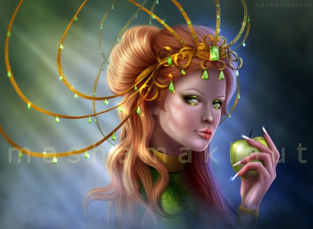 ~Green New Eve~ - girls, women, models, lips, female, people, hair, eyes, fantasy, gorgeous, pretty, cool, digital art, green, paintings, apple, jewelry, lady, necklaces, lovely, charm, weird things people wear, beautiful, new eve, colors, drawings, dress