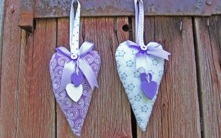 ♥ Violet Hearts ♥ - stuffed hearts, decoration, summer, wood, bows, violet, hearts