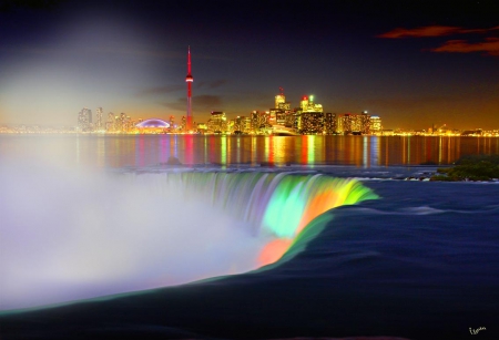 Rainbow Colors - city, water, spray, falls