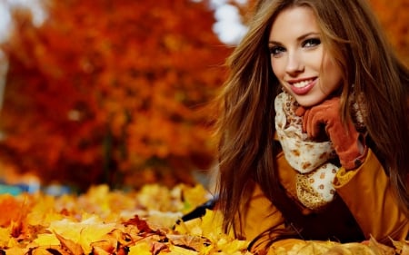 Autumn Smile - model, photo, blonde, leaves, girl, smile, colours, trees, woman, autumn