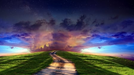 fantastic road to the heavens - hill, road, clouds, stars, grass