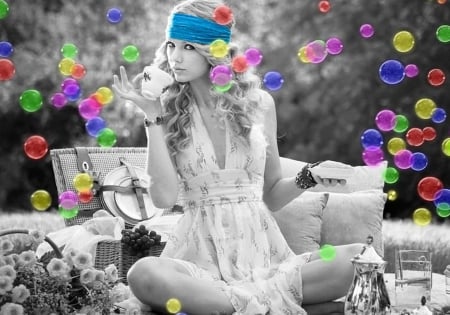 Bubbles of Joy - colorful, girl, bubbles, grey