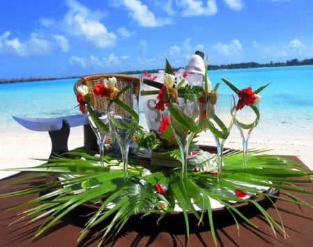 Bora Bora Champagne Breakfast on the beach South Pacific - Tahiti, blue, breakfast, pacific, beach, food, island, french, polynesia, sand, leaves, lagon, dinner, holiday, atoll, exotic, paradise, south, drinks, reef, sea, ocean, Bora Bora, palm, drink, islands, coral, champagne, tropical