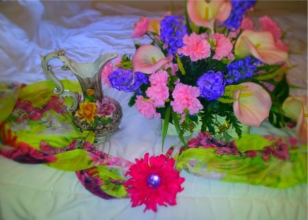 mi cama - flowers, hermosas, bed, white, scarf, beautiful