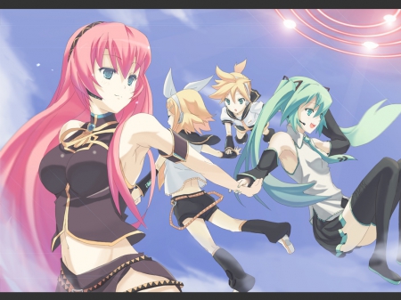 Hold Hands - vocaloid, anime, len and rin kagamine, megurine luka, friends, hatsune miku