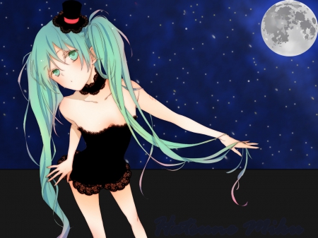 Hatsune Miku - sky, hat, moon, vocaloid, anime, stars, hatsune miku