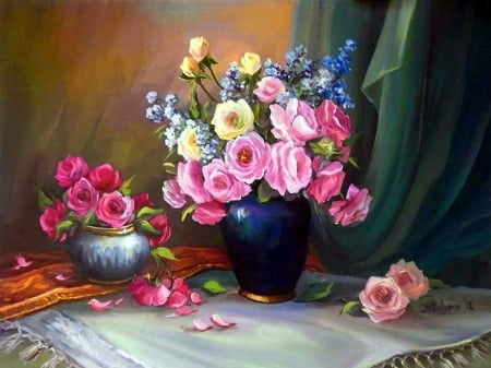 Still life - pretty, vase, roses, still lfie, beautiful, fragrance, room, lovely, freshness, petals, flowers, colorful, scent, painting, nice, art