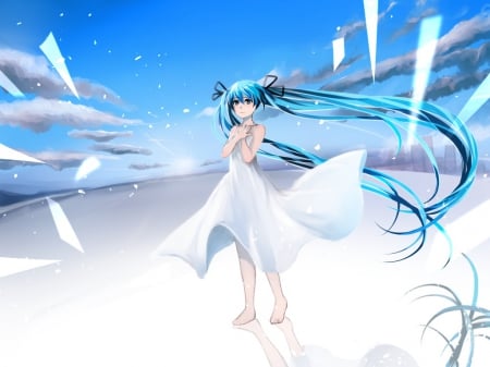 Please Find Me - clouds, anime, vocaloid, hatsune miku, long hair, white dress, ponytails, barefoot, sky