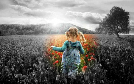 Happy girl - nature, fields, girl, sunrise