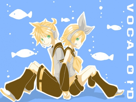 Len & Rin Kagamine - vocaloid, anime, twins, len and rin kagamine, bubbles, blonde, fish