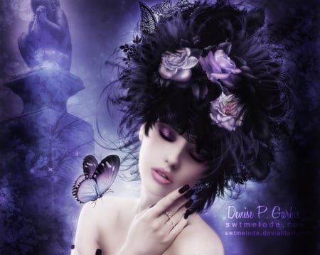 âœ«Night Whisper of the Heartâœ« - girls, women, photomanipulation, models, female, roses, animals, hair, heart, fantasy, creative pre-made, gorgeous, whisper, pretty, dark, digital art, softness beauty, cute, butterflies, feathers, night, gentle, lovely, love four seasons, weird things people wear, backgrounds, beautiful, sweet, flowers, dress