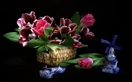 Spring bouquet - tulips, basket, bouquet, mill, still life, holland, pretty, beautiful, windmill, flowers, porcelain, shoes