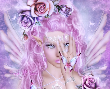 ✫Sparkle of Summer✫ - pretty, roses, summer, female, creative pre-made, butterflies, splendor, eyes, angel, pink, fairies, flowers, shining, butterfly designs, Elf, pink hair, abstract, sparkle, beautiful, digital art, weird things people wear, colors, lovely, cool, sweet, girls, glow, mixed media, bright, 3D and CG, love four seasons, animals