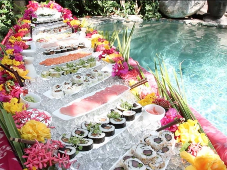 The Perfect Sushi platter by the pool Bora Bora French Polynesia - breakfast, pacific, food, island, french, hawaii, polynesia, tahiti, dinner, platter, swimming, holiday, atoll, supper, exotic, paradise, south, luxury, snack, reef, spa, lunch, islands, ice, coral, tropical, bora bora, pool, sushi, fish