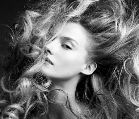 dancing hair - beauty, girl, hair, photography, wp, bw, black, face, white, portrait, blonde