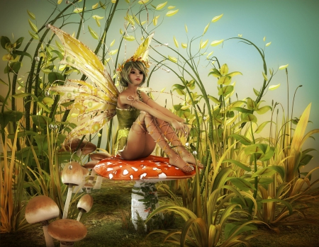 Mushroom Fairy - nature, fairytale, girl, artwork, fable