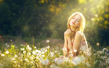 Sunshine - flowers, woman, blond, model, sunshine