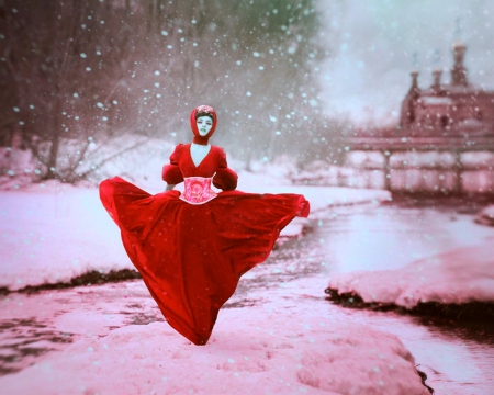 Woman in red - snow, art, red, woman