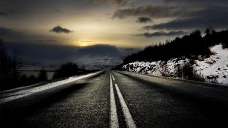 blacktop road on a dreary sunset - winter, road, clouds, sunset, blacktop