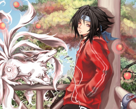 Sasuke Uchiha - trees, anime, sasuke uchia, fox, cool, noemal clothes, Normal clothes, naruto, nice