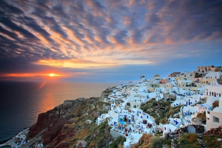 town on a greek isle in a wonderful sunset - town, clouds, island, sunset, sea