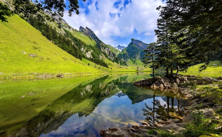 Mountain reflections - nice, sky, water, greenery, clear, mirrored, crystal, reflections, quiet, calmness, pretty, river, lake, mountain, shore, lovely, peaks, serenity, nature, beautiful