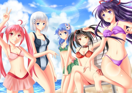 day at the beach - cute, suits, beach, hot, anime, swim