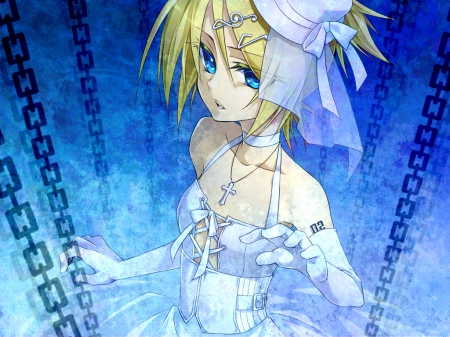 Rin Kagamine - hat, pretty, anime, vocaloid, blonde, white dress, Rin Kagamine, chains, blue eyes