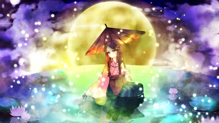 ~Serenity Pond~ - fireflies, water, anime, girl, umbrella, lotus, sky, pond, clouds, moon, lily pads