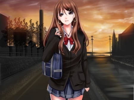 Modern School Girl - girl, school, long hair, uniform, road, orginal