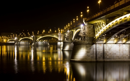 fabulous bridge at night - reflection, river, arches, night, bridge, lights