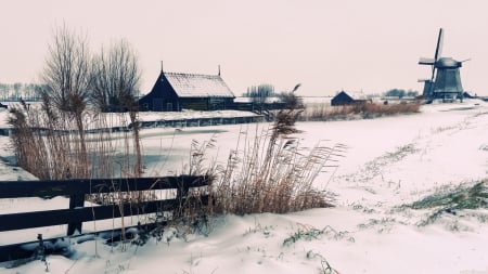 windmills on a farm in winter - farm, windmills, winter, fence, river