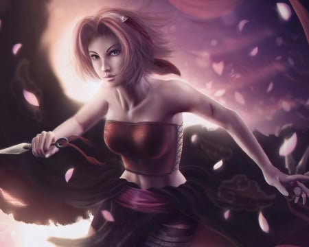 Sakura Haruno - knive, awesome, sakura flowers, lloking cool, cool, beatidful artwork, sakura haruno