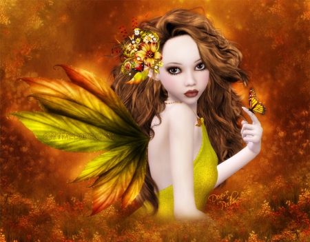 âœ«Cute Mandarinâœ« - girls, female, mandarin, hair, eyes, animals, wings, colorful, fantasy, pretty, digital art, fairies, cute, butterflies, 3d and cg, mixed media, lovely, bright, abstract, love four seasons, butterfly, charm, beautiful, flowers, colors, dress