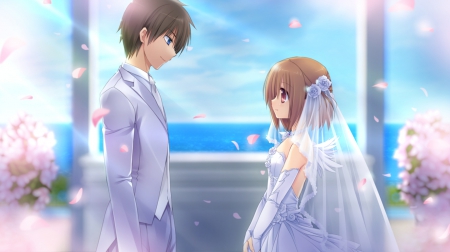 â™¡ Couple â™¡ - wedding, lover, male, fairy, couple, groom, love, brown hair, anime, bride, petals, lovely, female, guy, gown, cute, wed, hot, girl, anime girl, wings, bride and groom, pretty, handsome, short hair, wing, veil, sweet, hd, dress, nice, sexy, boy