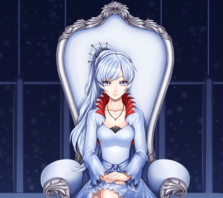 Weiss Schnee - nice, beauty, female, hot, anime girl, pretty, anime, silver hair, cute, maiden, love, lady, sexy, girl, throne, long hair, gown, lovely, rwby, chair, beautiful, sweet, white hair, dress