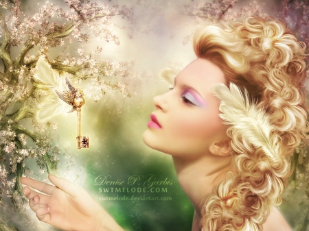 âœ«The Key to Puzzleâœ« - girls, women, photomanipulation, models, trees, female, people, puzzle, animals, hair, fantasy, softness, gorgeous, pretty, life, digital art, feather, cute, key, tender touch, gentle, lovely, plants, bird, sparkle, glow, charm, abstract, weird things people wear, beautiful, sweet, flowers