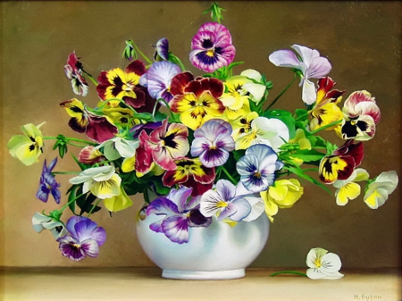 Bouquet of pansies - nice, freshness, delicate, colorful, tender, lovely, still life, pansies, vase, painting, art, pretty, beautiful, violets, flowers