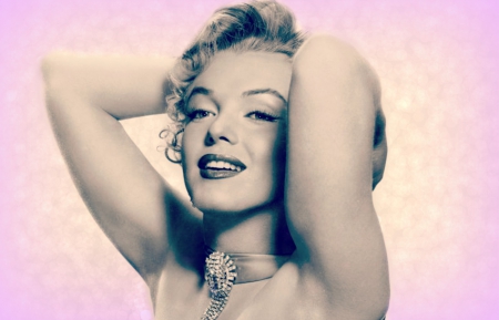 Marilyn Monroe - blue, girl, blonde, beauty, pink, actress, black, necklace, white, marilyn monroe, woman