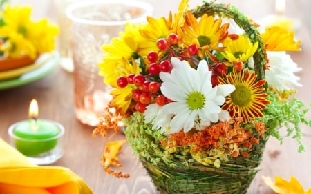 Floral Arrangement - candle, basket, blossoms, decoration