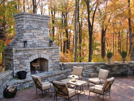 Terrace in fall forest - fall, forest, architecture, fireplace, terrace